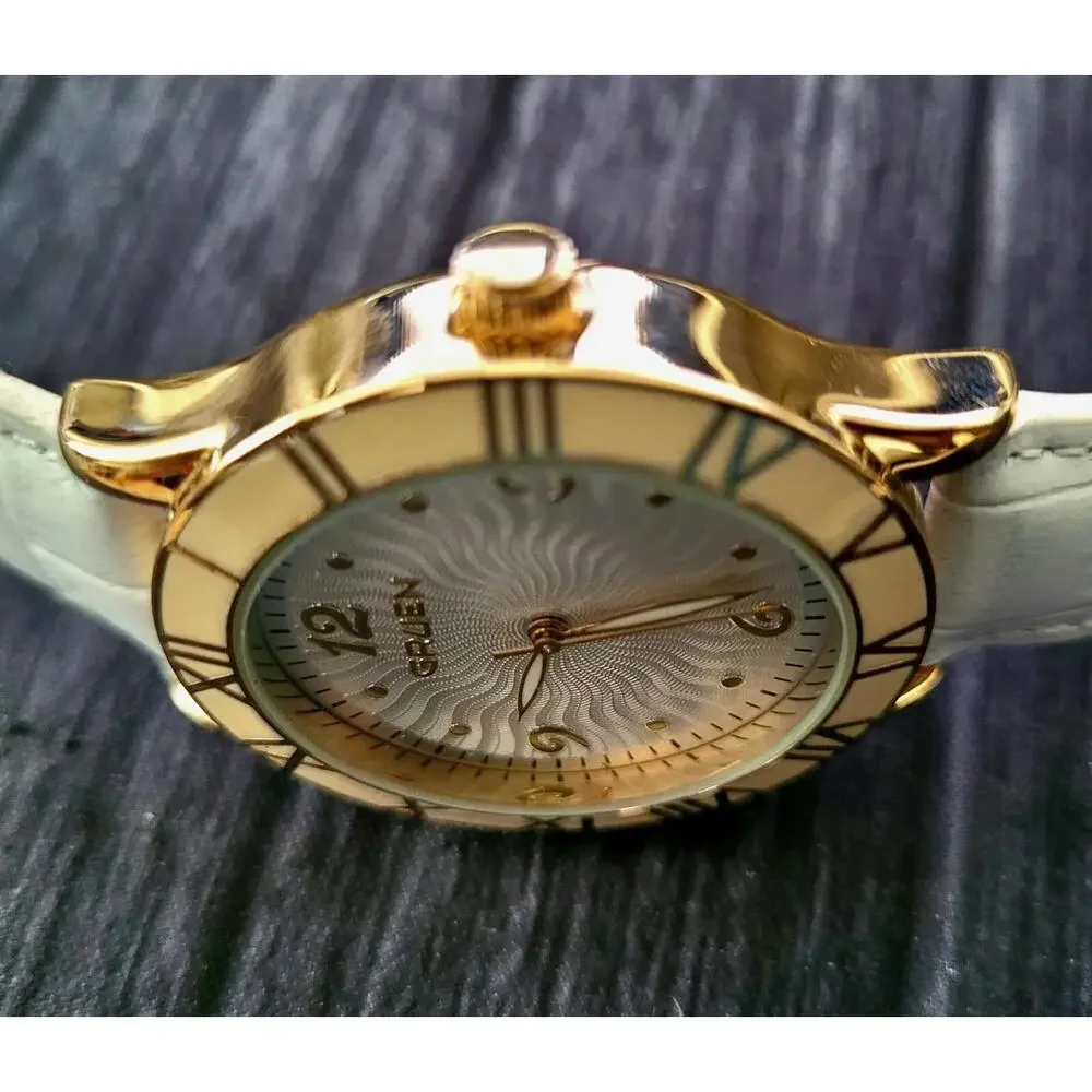 Rare Gruen Watch Ceramic Roman Bezel Guilloche Dial‎ W Box